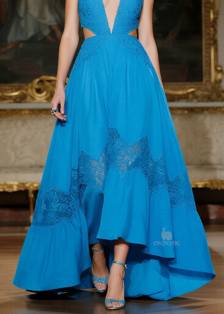 Women Blue Hollow Out Lace Patchwork Spaghetti Strap Dresses Summer 4