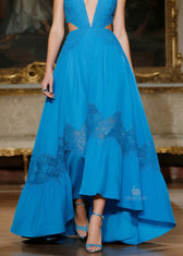 Women Blue Hollow Out Lace Patchwork Spaghetti Strap Dresses Summer 4