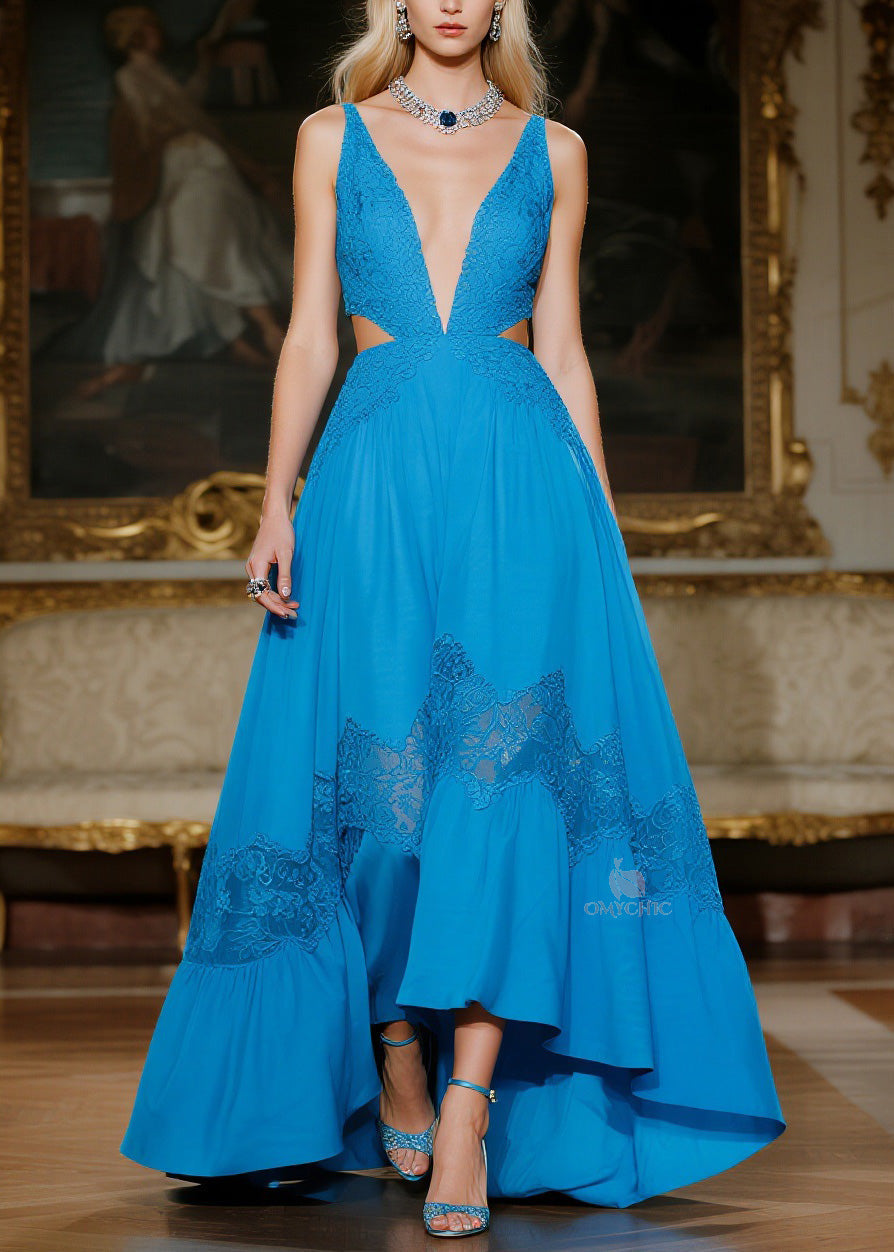 Women Blue Hollow Out Lace Patchwork Spaghetti Strap Dresses Summer 5