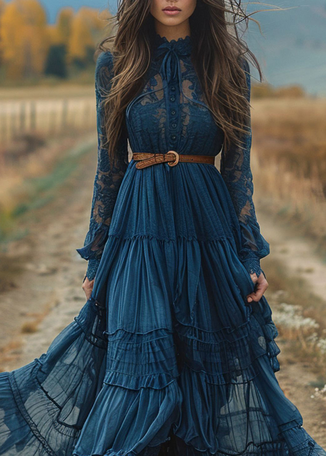 Women Blue Lace Ruffled Patchwork Cotton Robe Dresses Spring 2