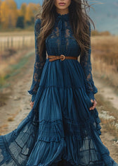 Women Blue Lace Ruffled Patchwork Cotton Robe Dresses Spring 2