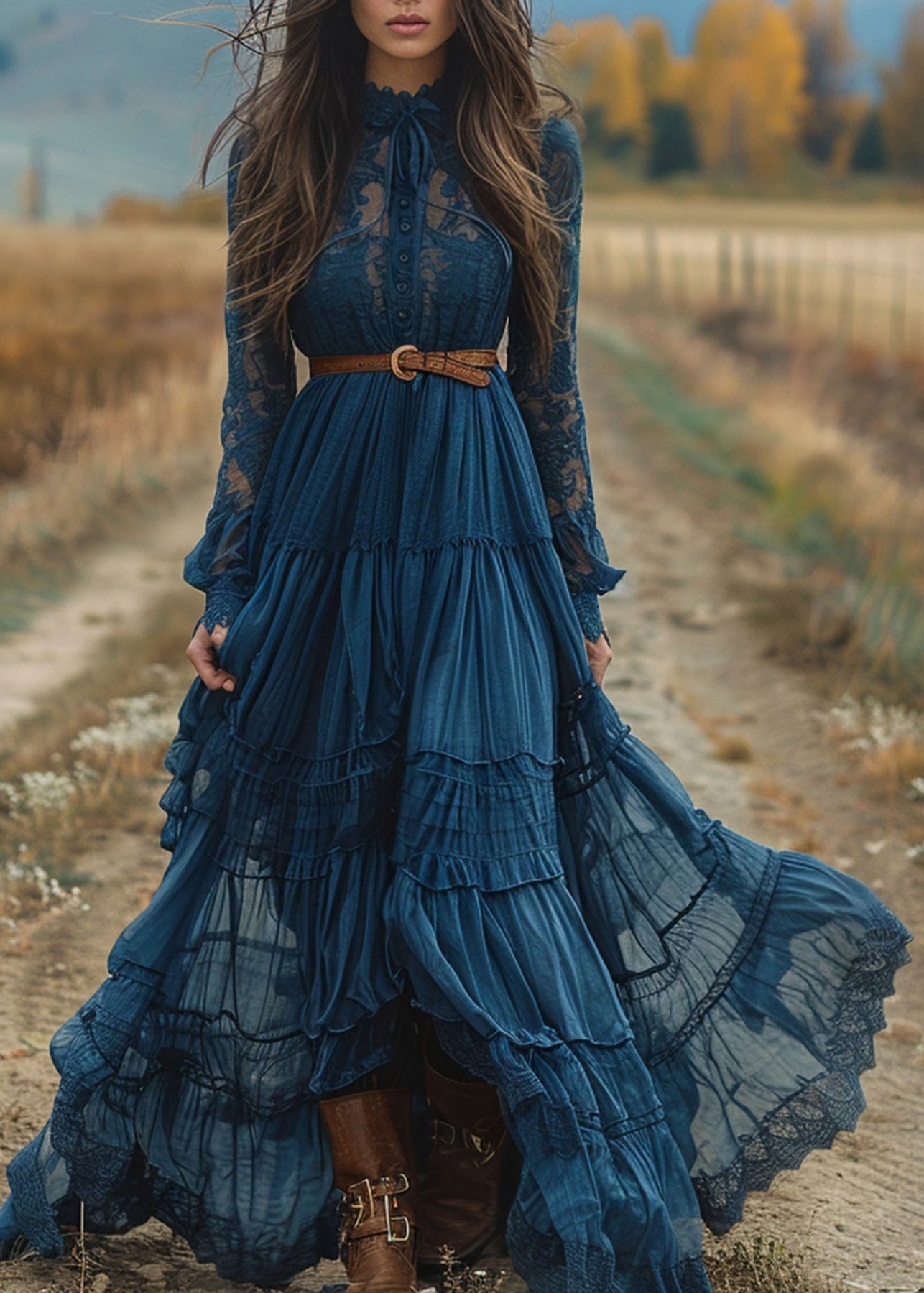 Women Blue Lace Ruffled Patchwork Cotton Robe Dresses Spring 3