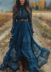 Women Blue Lace Ruffled Patchwork Cotton Robe Dresses Spring 3