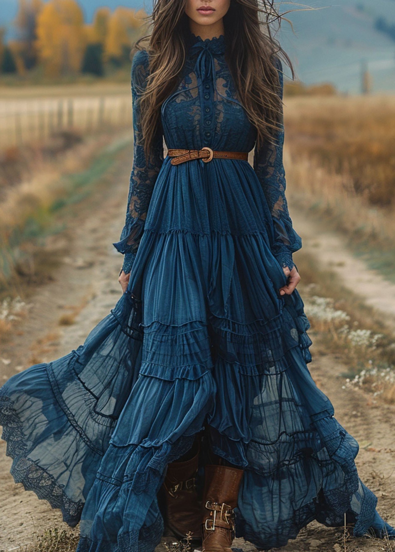 Women Blue Lace Ruffled Patchwork Cotton Robe Dresses Spring 5