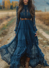 Women Blue Lace Ruffled Patchwork Cotton Robe Dresses Spring 5