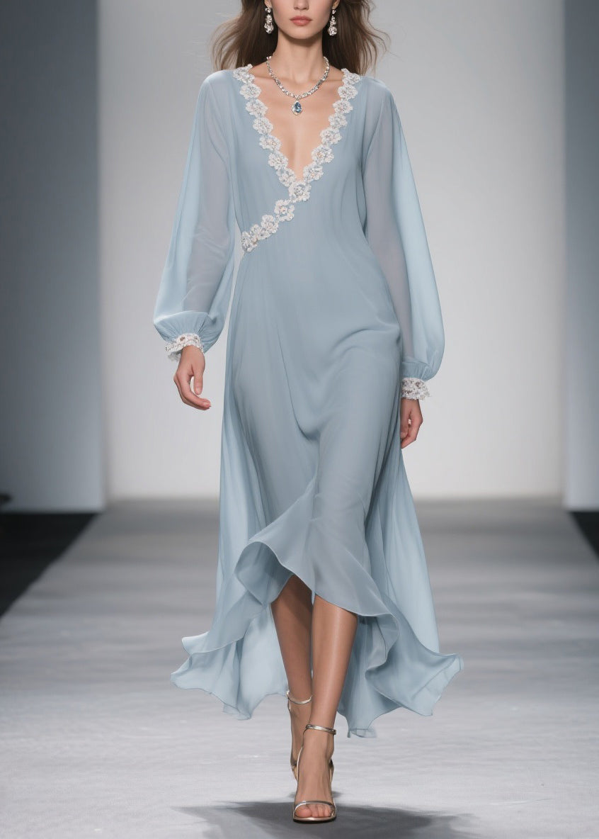 Chiffon Wrap Lace Trim V-Neck Bishop Sleeve Ruffle High Low Midi Dress