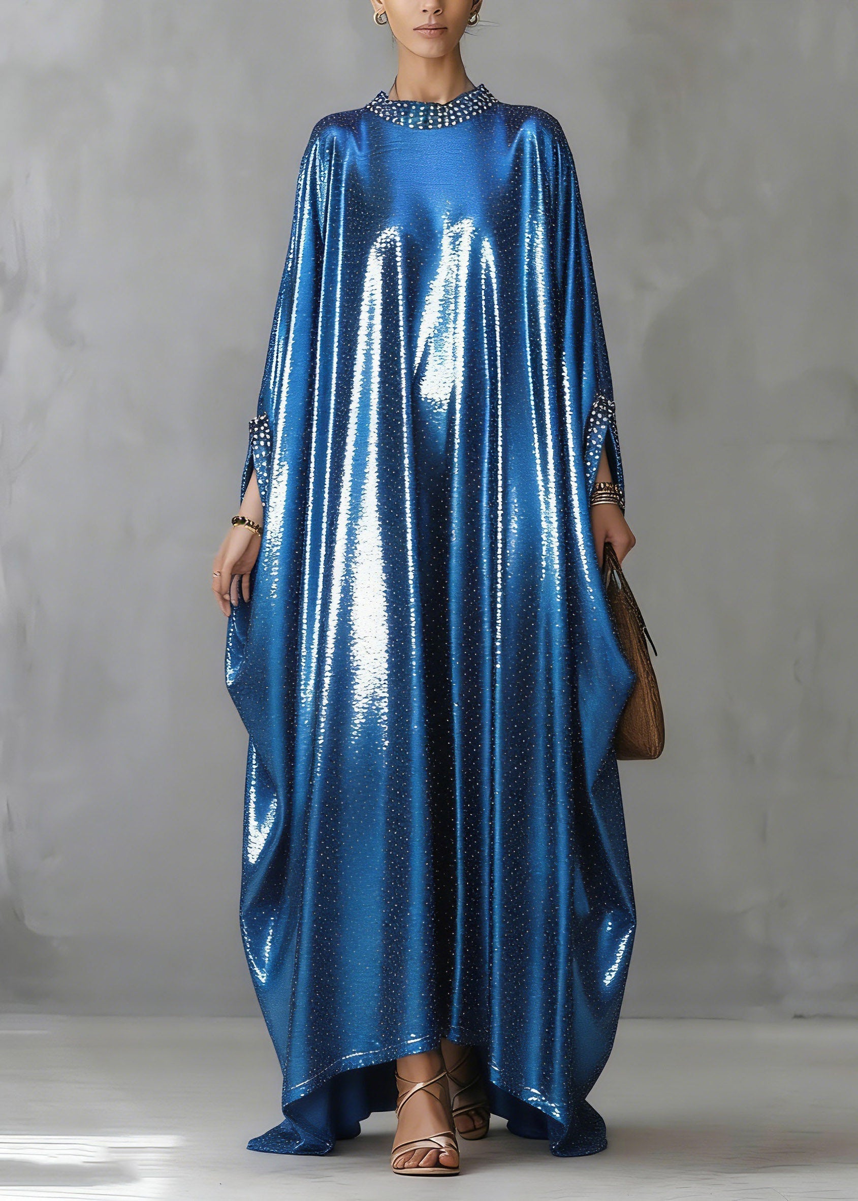 Satin Rhinestone Trim Glitter Wide Sleeve Kaftan Maxi Gown