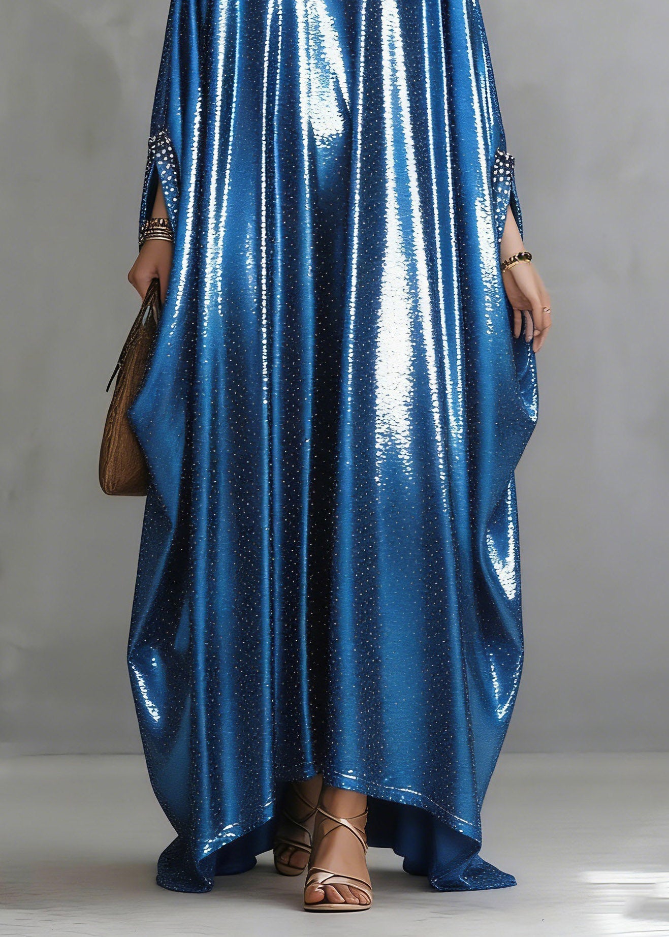 Satin Rhinestone Trim Glitter Wide Sleeve Kaftan Maxi Gown