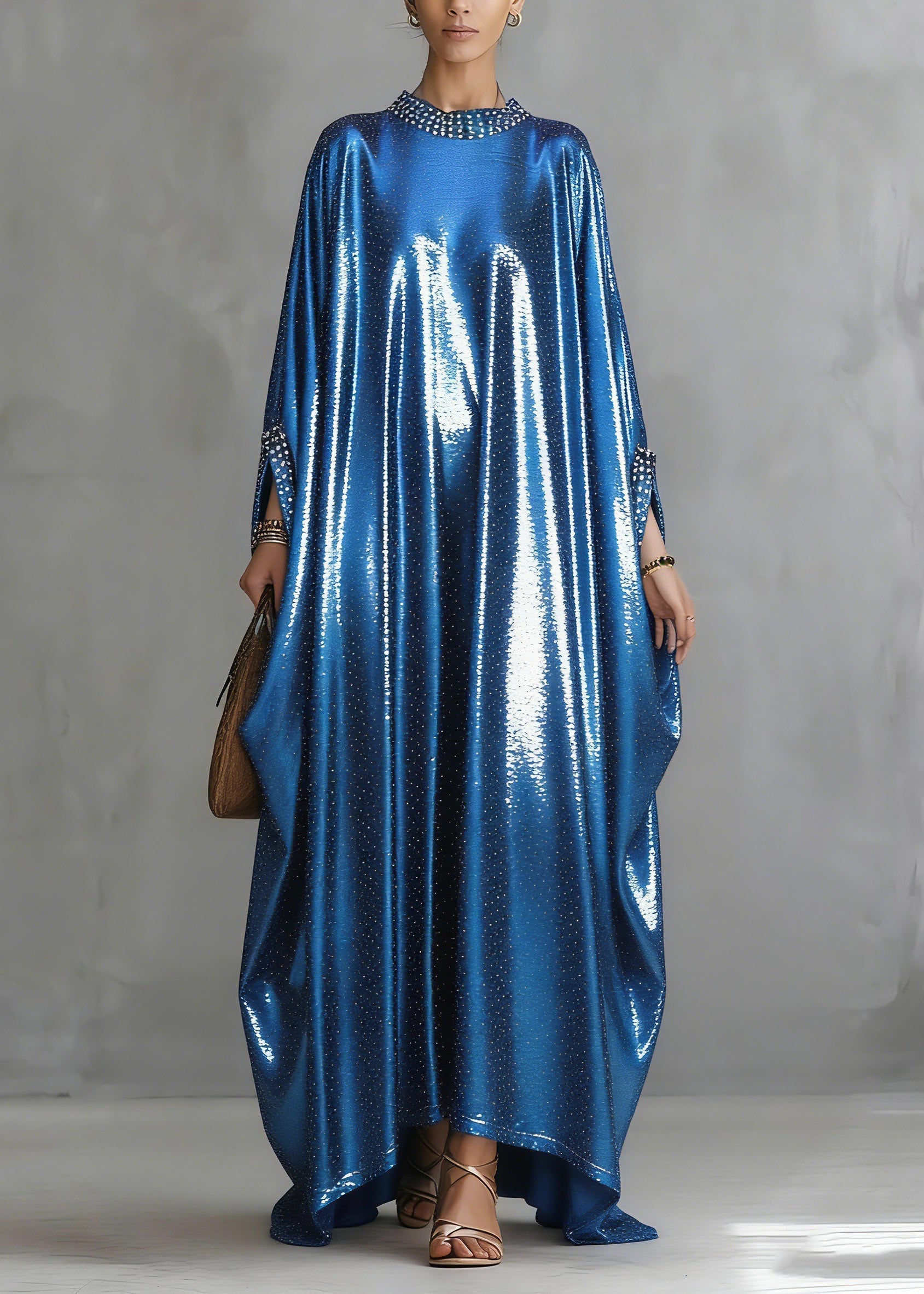 Satin Rhinestone Trim Glitter Wide Sleeve Kaftan Maxi Gown