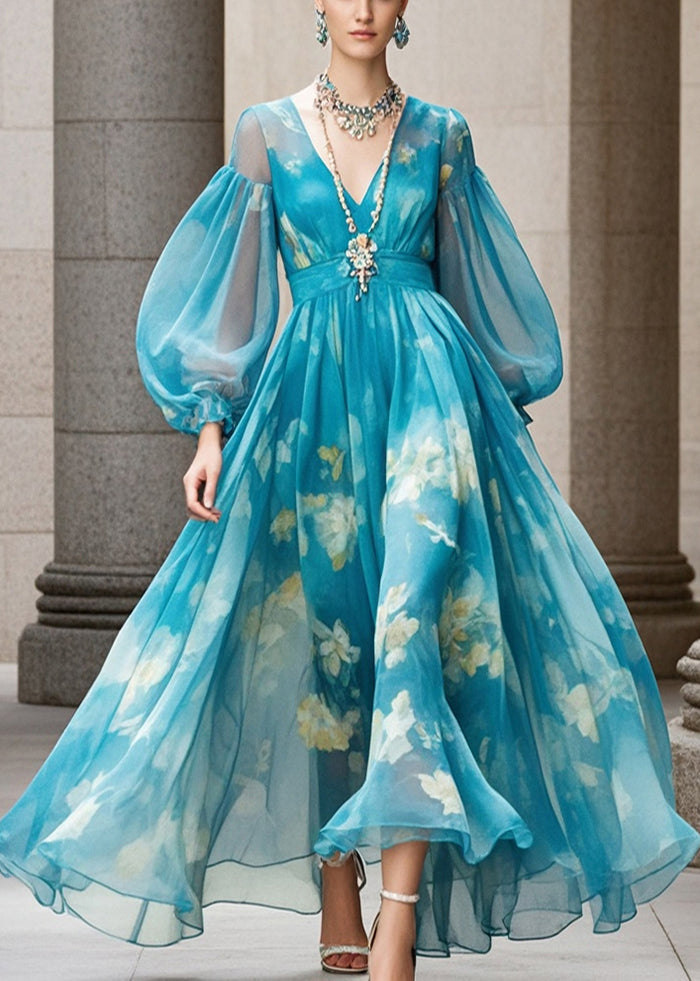 Chiffon Abstract Floral Print Deep V-Neck Lantern Sleeve Belted Flowy Maxi Dress