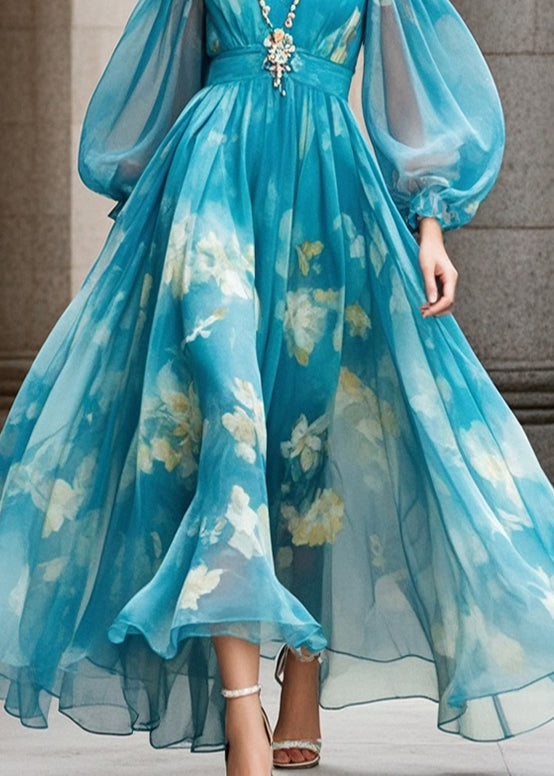 Chiffon Abstract Floral Print Deep V-Neck Lantern Sleeve Belted Flowy Maxi Dress