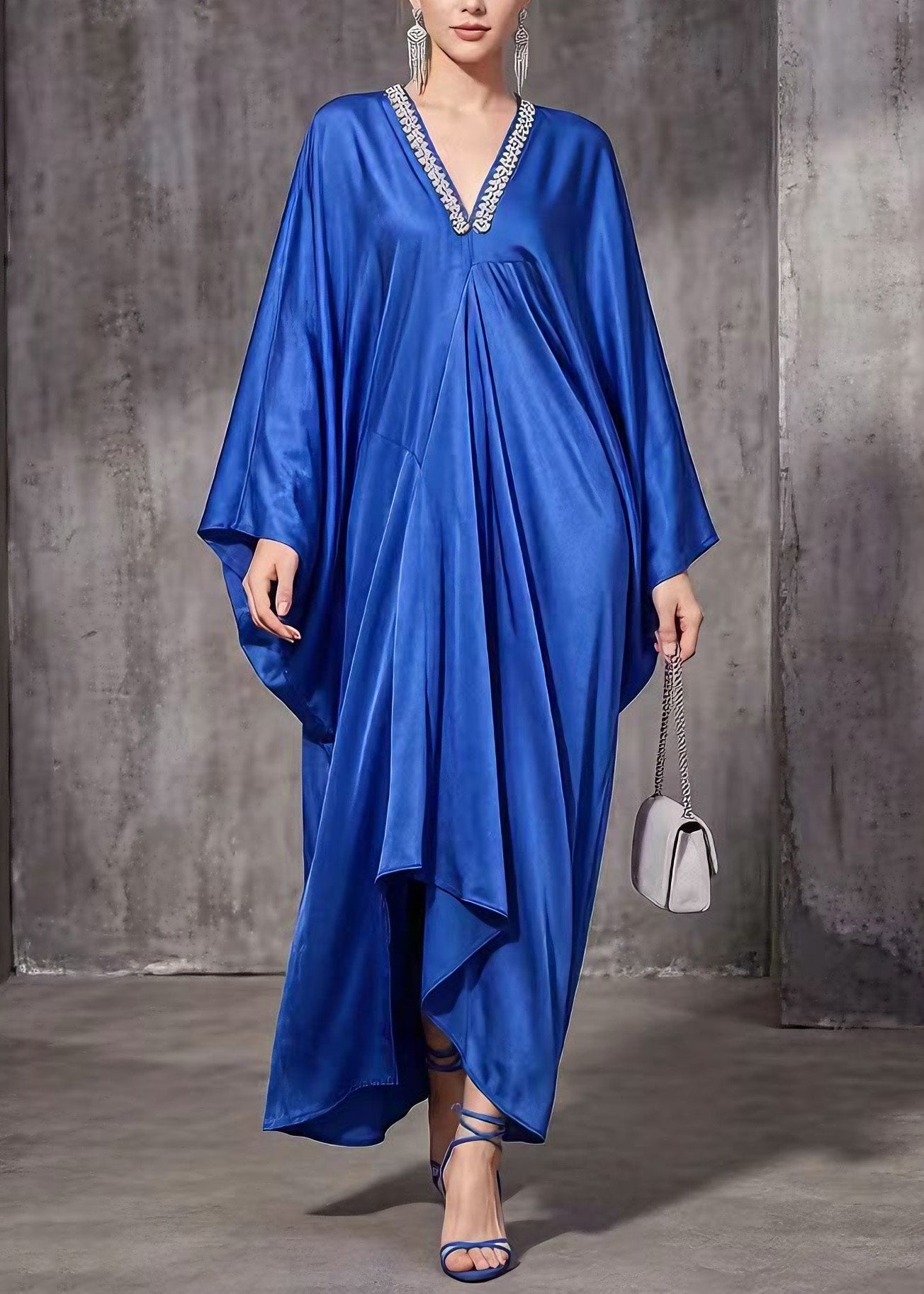 Satin Rhinestone Deep V-Neck Batwing Sleeve Draped Kaftan Maxi Gown