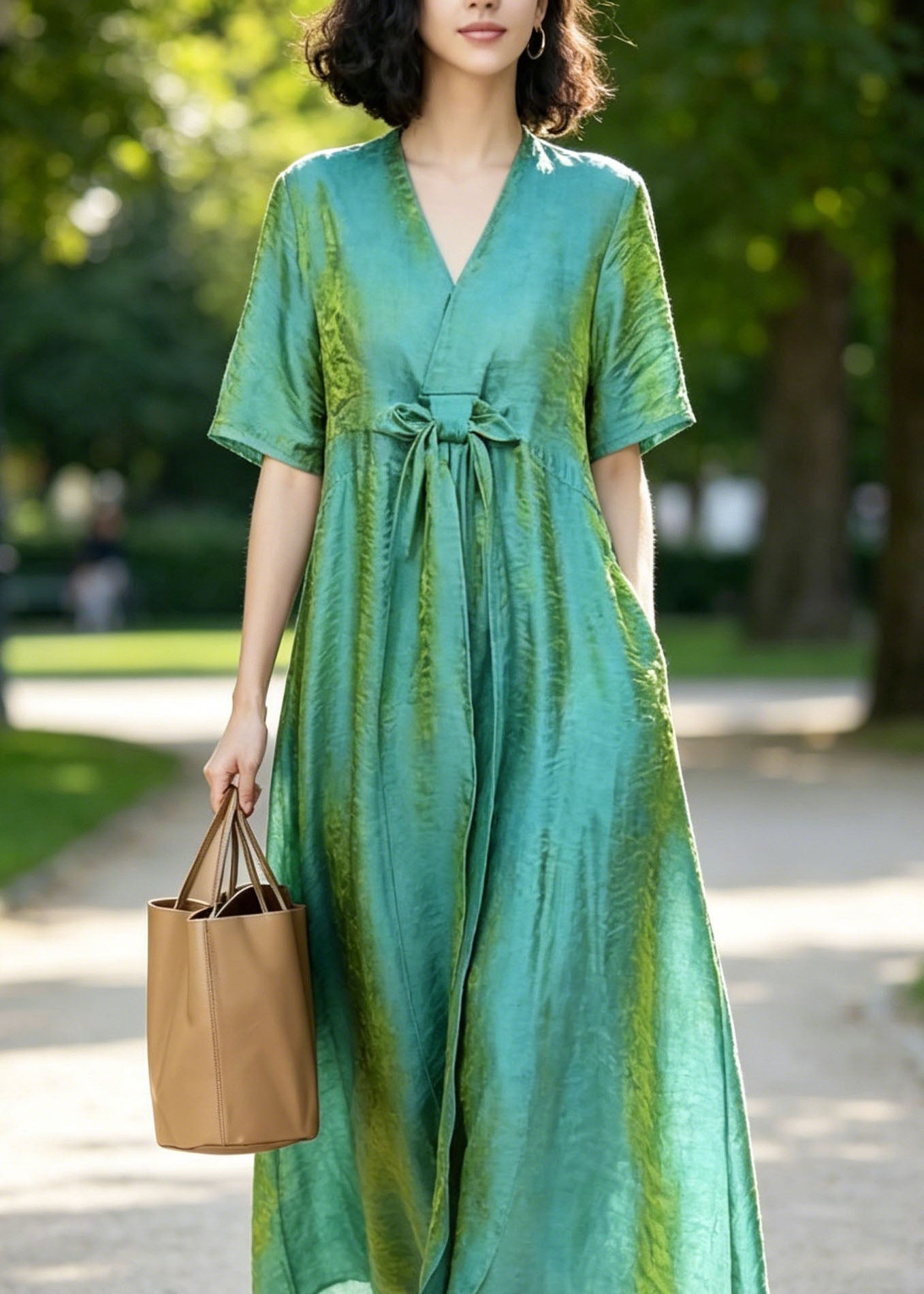 Metallic Crinkle V-Neck Tie Waist Short Sleeve Maxi Dress