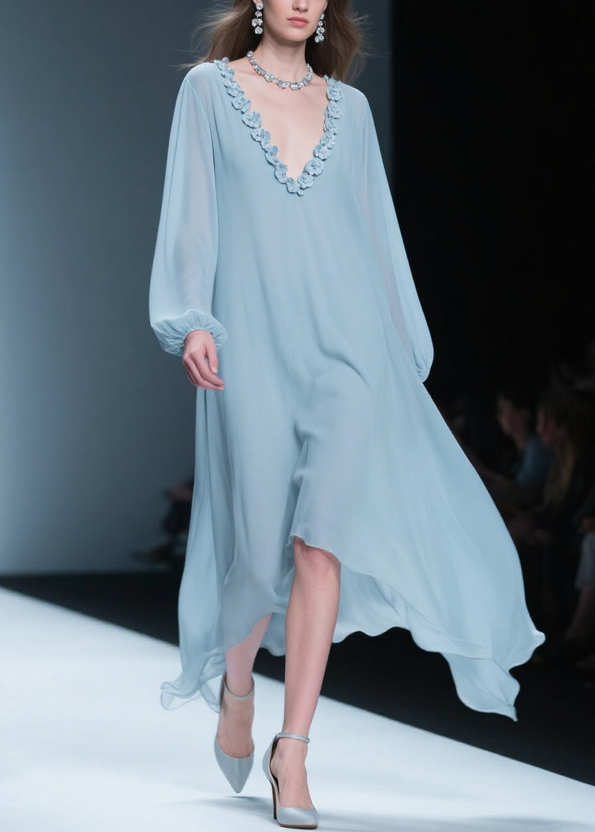 Chiffon Rosette Applique Deep V-Neck Bishop Sleeve Handkerchief Hem Midi Dress
