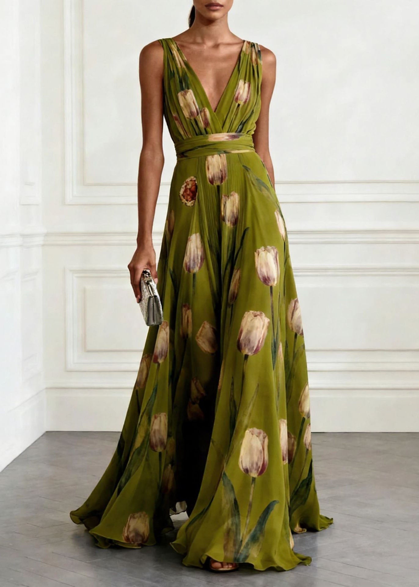 Floral Print Deep V-Neck Wide Strap Wrap Waist A-Line Maxi Gown