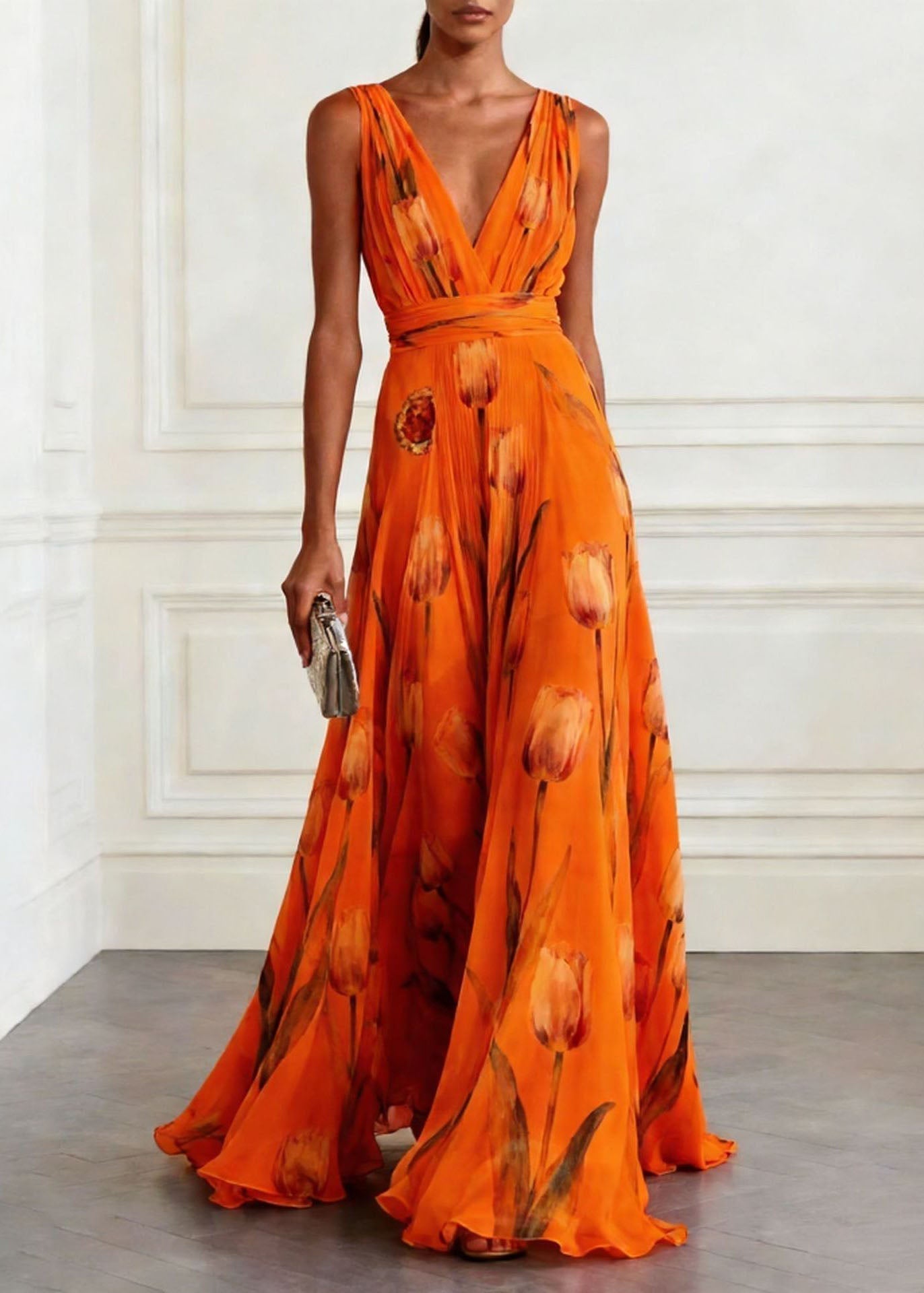 Floral Print Deep V-Neck Wide Strap Wrap Waist A-Line Maxi Gown