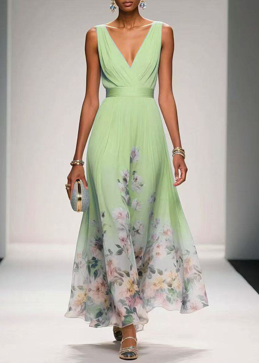 Chiffon Floral V-Neck Empire Waist Sleeveless Maxi Summer Dress