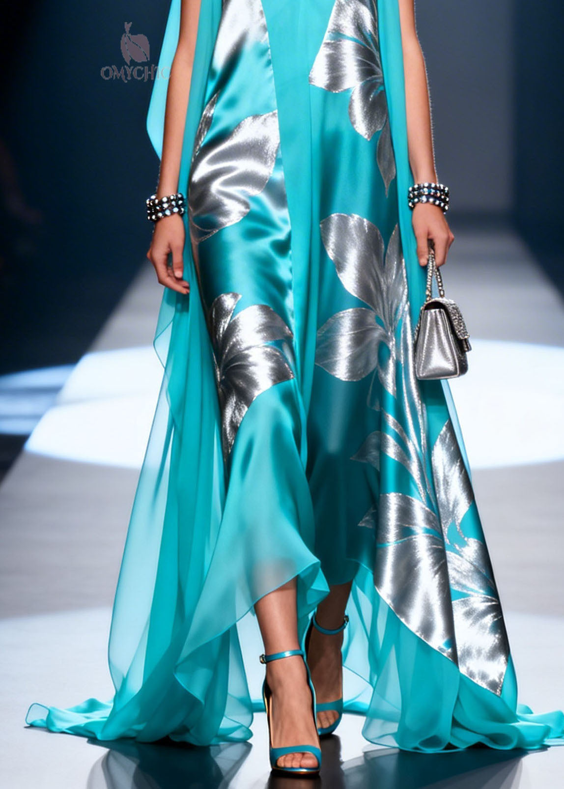 Satin Metallic Floral Deep V-Neck Sleeveless Sheer Cape Maxi Gown