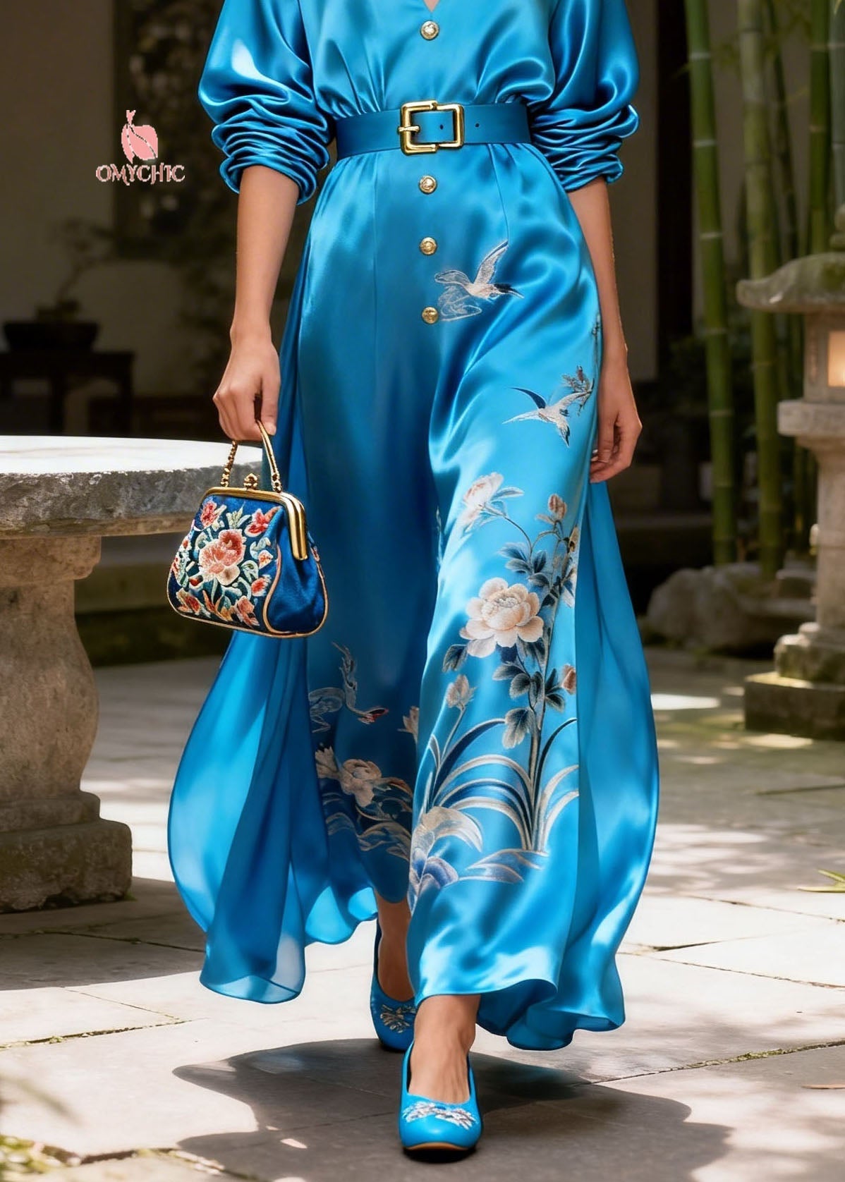 Women Blue V Neck Print Silk Long Dress Summer