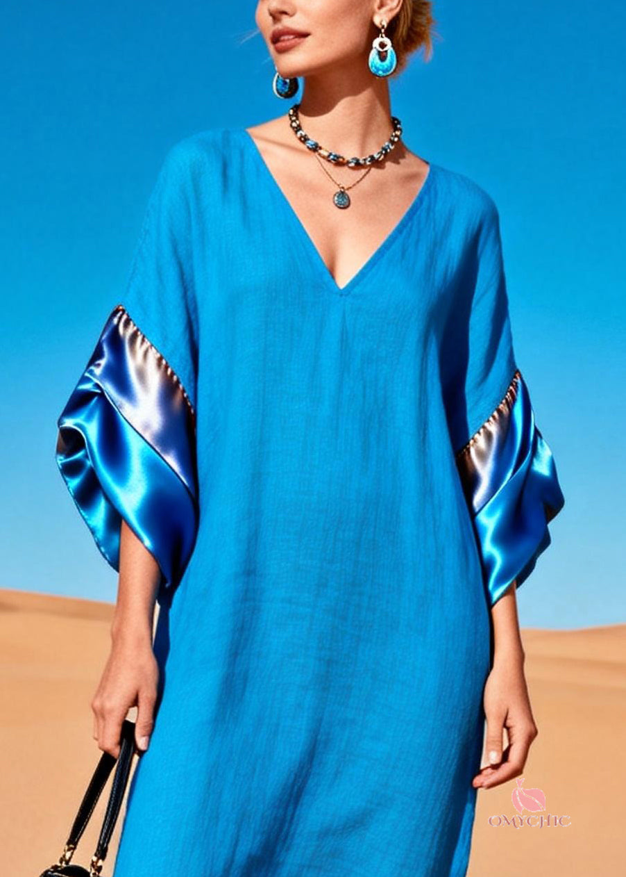 V-Neck Wide Elbow Sleeve Satin Panel Oversized Kaftan Maxi Dress