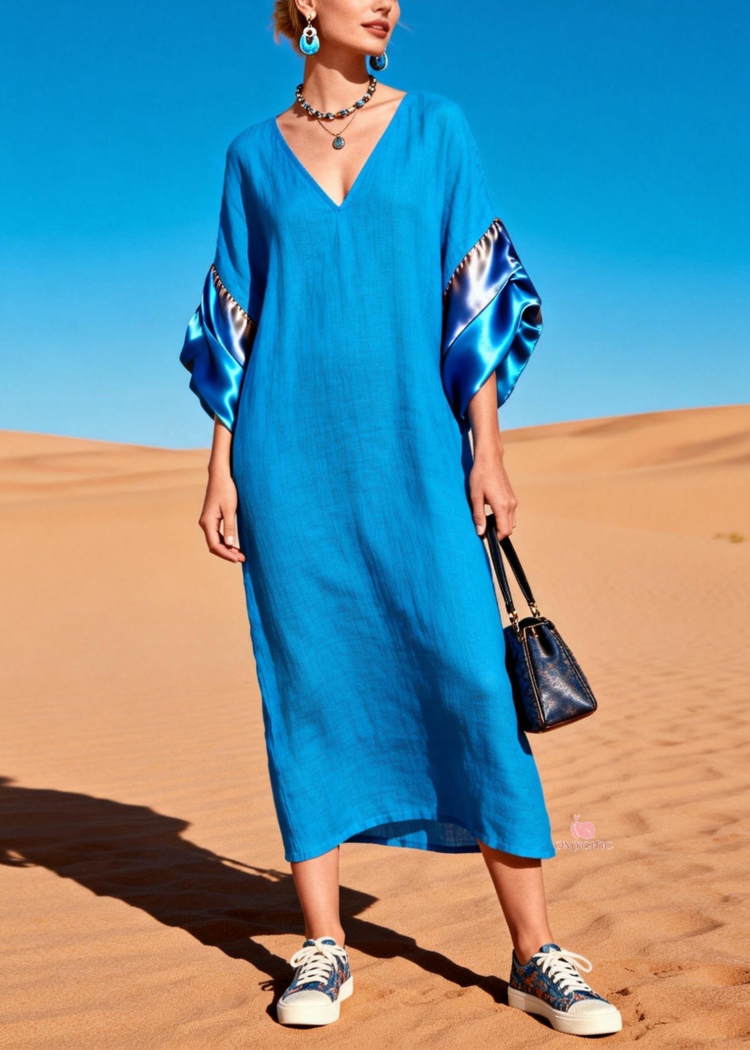 V-Neck Wide Elbow Sleeve Satin Panel Oversized Kaftan Maxi Dress