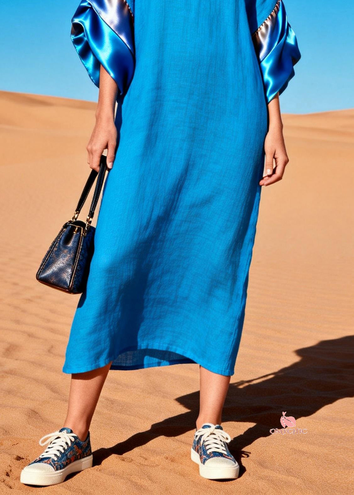 V-Neck Wide Elbow Sleeve Satin Panel Oversized Kaftan Maxi Dress