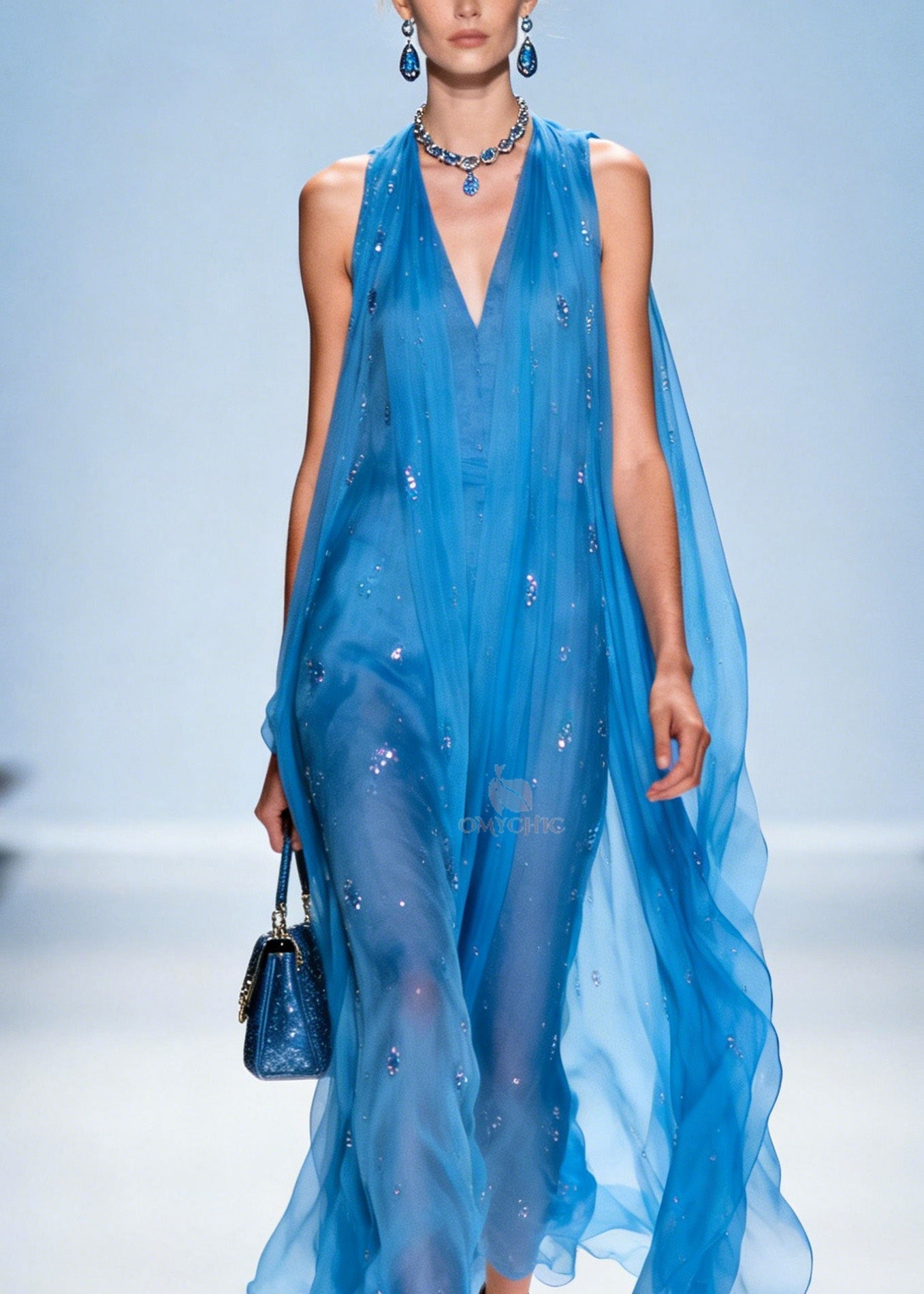 Sequin Deep V-Neck Halter Neck Sleeveless Sheer Cape Overlay Maxi Gown