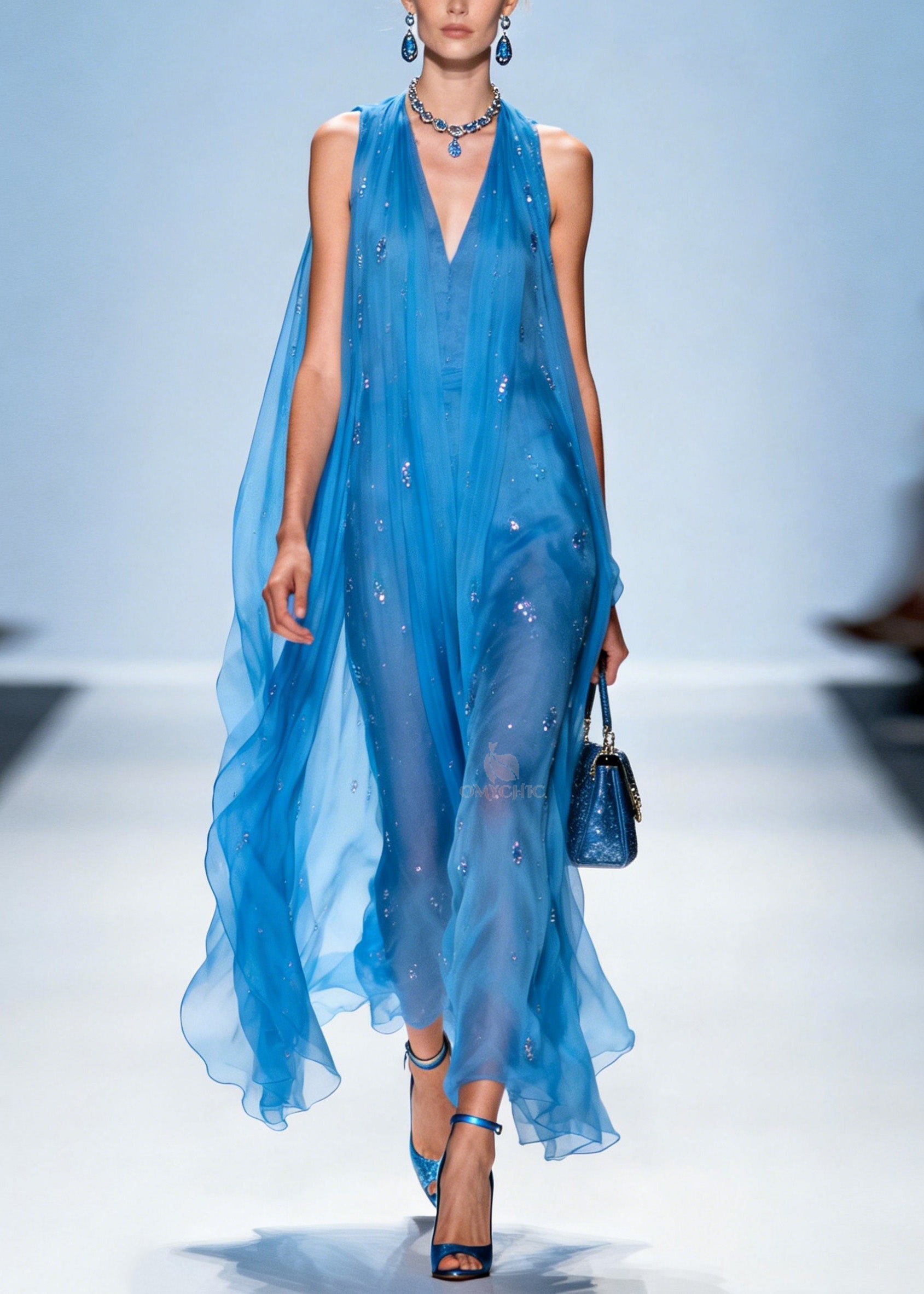 Sequin Deep V-Neck Halter Neck Sleeveless Sheer Cape Overlay Maxi Gown