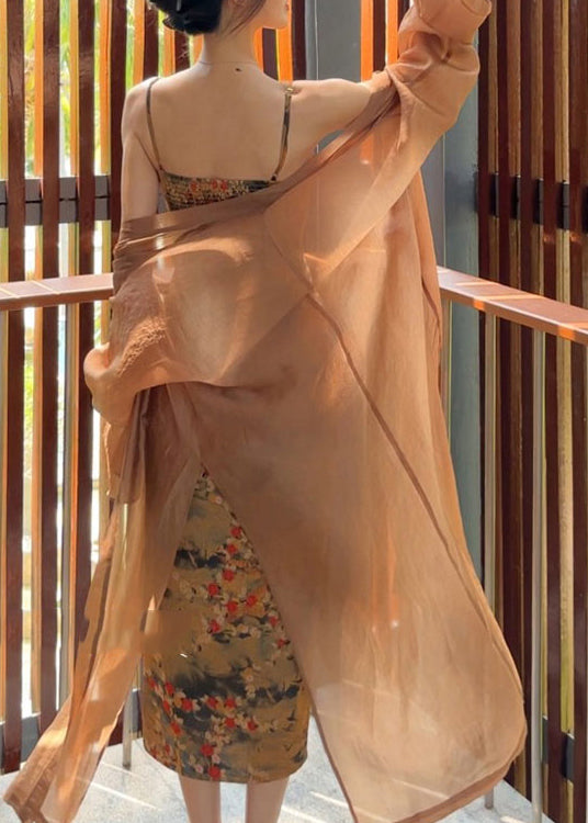 Satin Floral Print Spaghetti Strap Ruched High Split Slip Dress Sheer Balloon Sleeve Duster Coat Two Piece Set