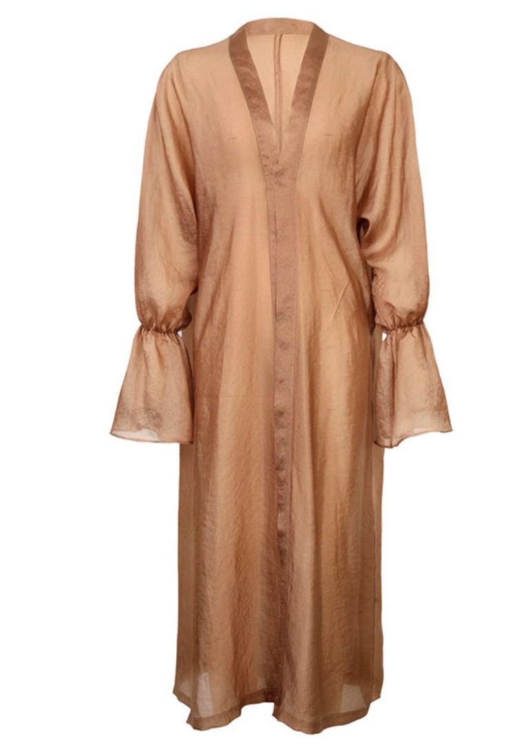Satin Floral Print Spaghetti Strap Ruched High Split Slip Dress Sheer Balloon Sleeve Duster Coat Two Piece Set