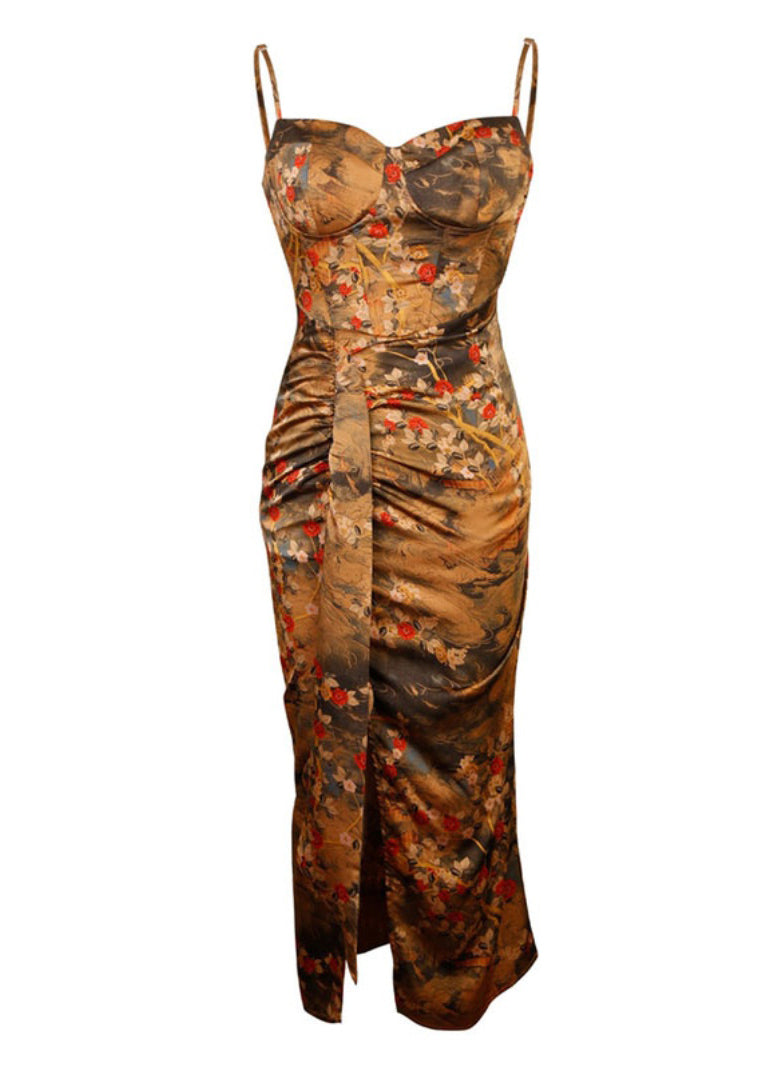 Satin Floral Print Spaghetti Strap Ruched High Split Slip Dress Sheer Balloon Sleeve Duster Coat Two Piece Set