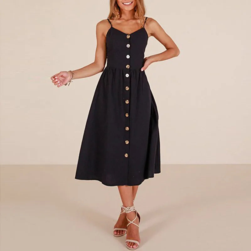 Printed Suspender Collar Red Midi Dress