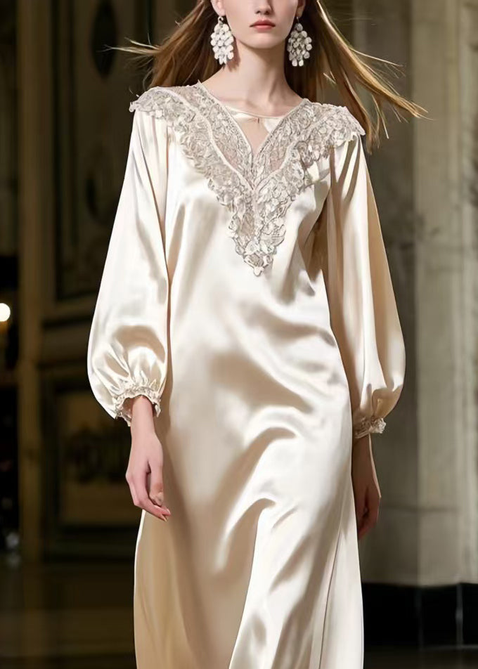 Satin Lace Collar Embroidered Bishop Sleeve Flowy Maxi Gown