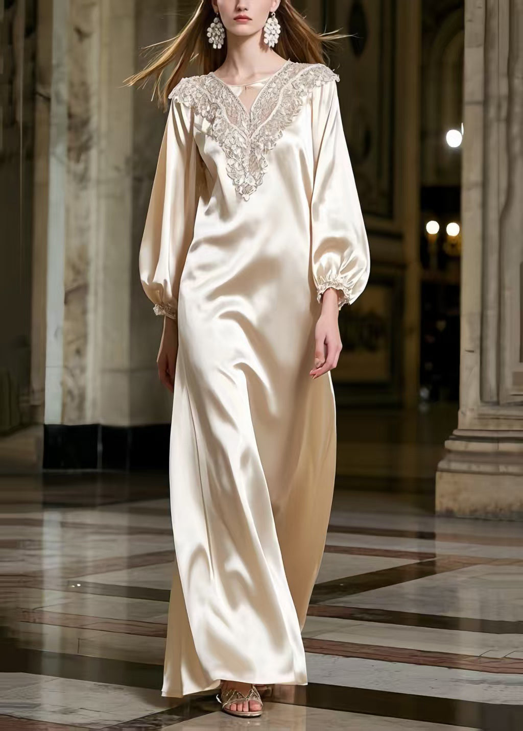 Satin Lace Collar Embroidered Bishop Sleeve Flowy Maxi Gown