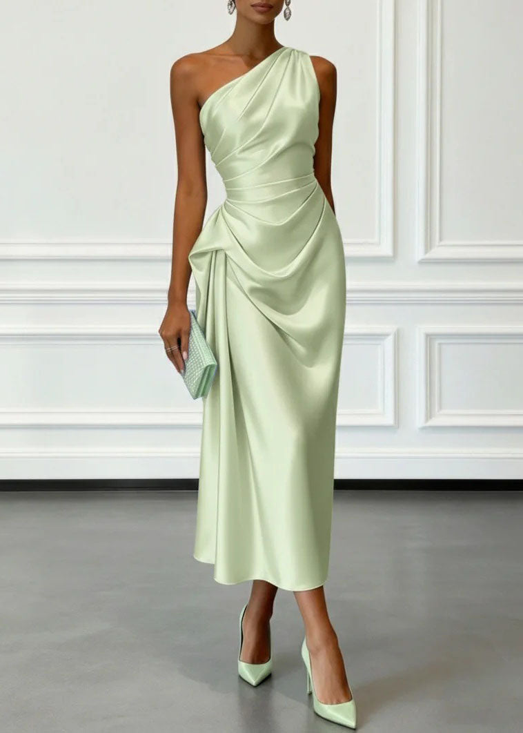 Satin One Shoulder Ruched Drape Sash Column Midi Dress