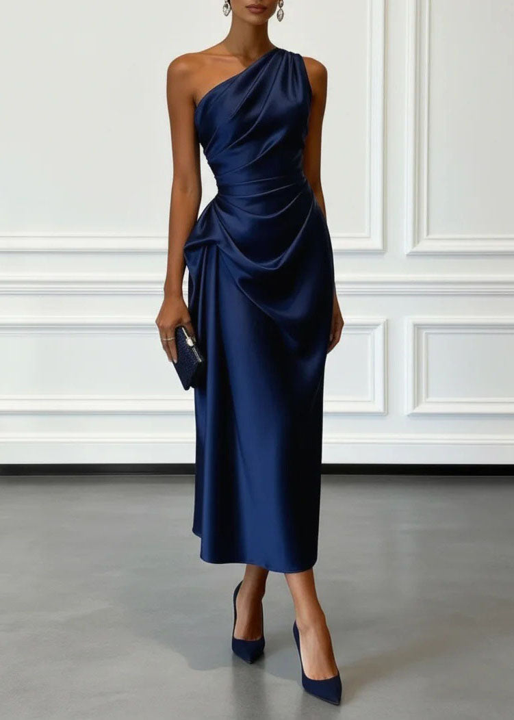Satin One Shoulder Ruched Drape Sash Column Midi Dress