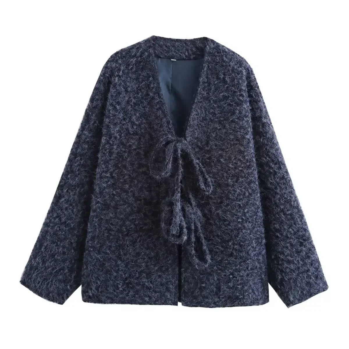 Fuzzy Knit V-Neck Tie Front Wide Sleeve Oversized Cardigan 4