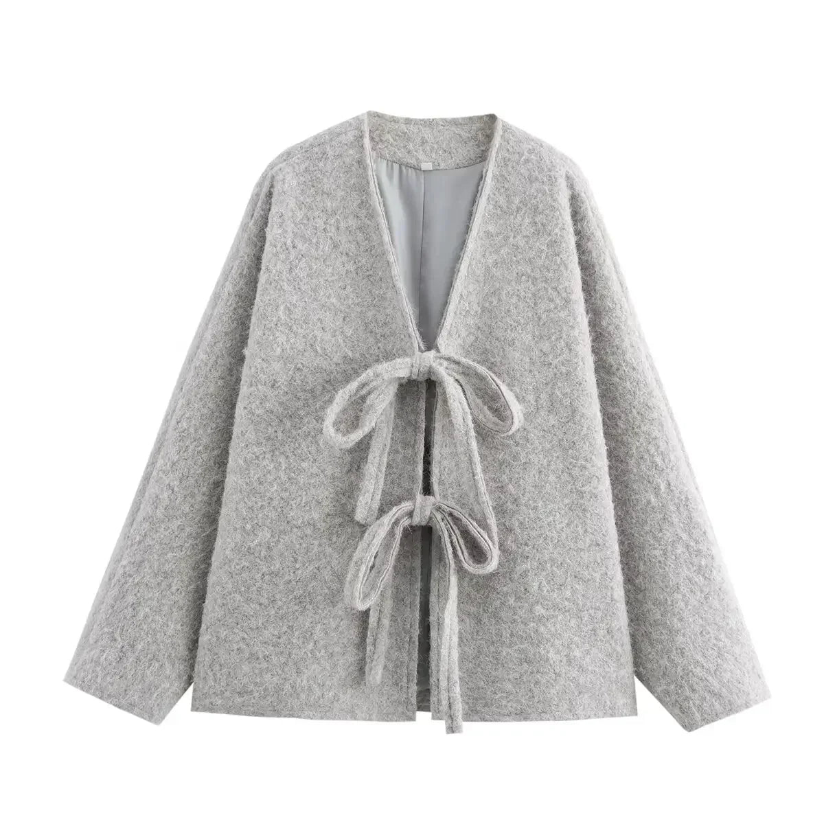 Fuzzy Knit V-Neck Tie Front Wide Sleeve Oversized Cardigan 3