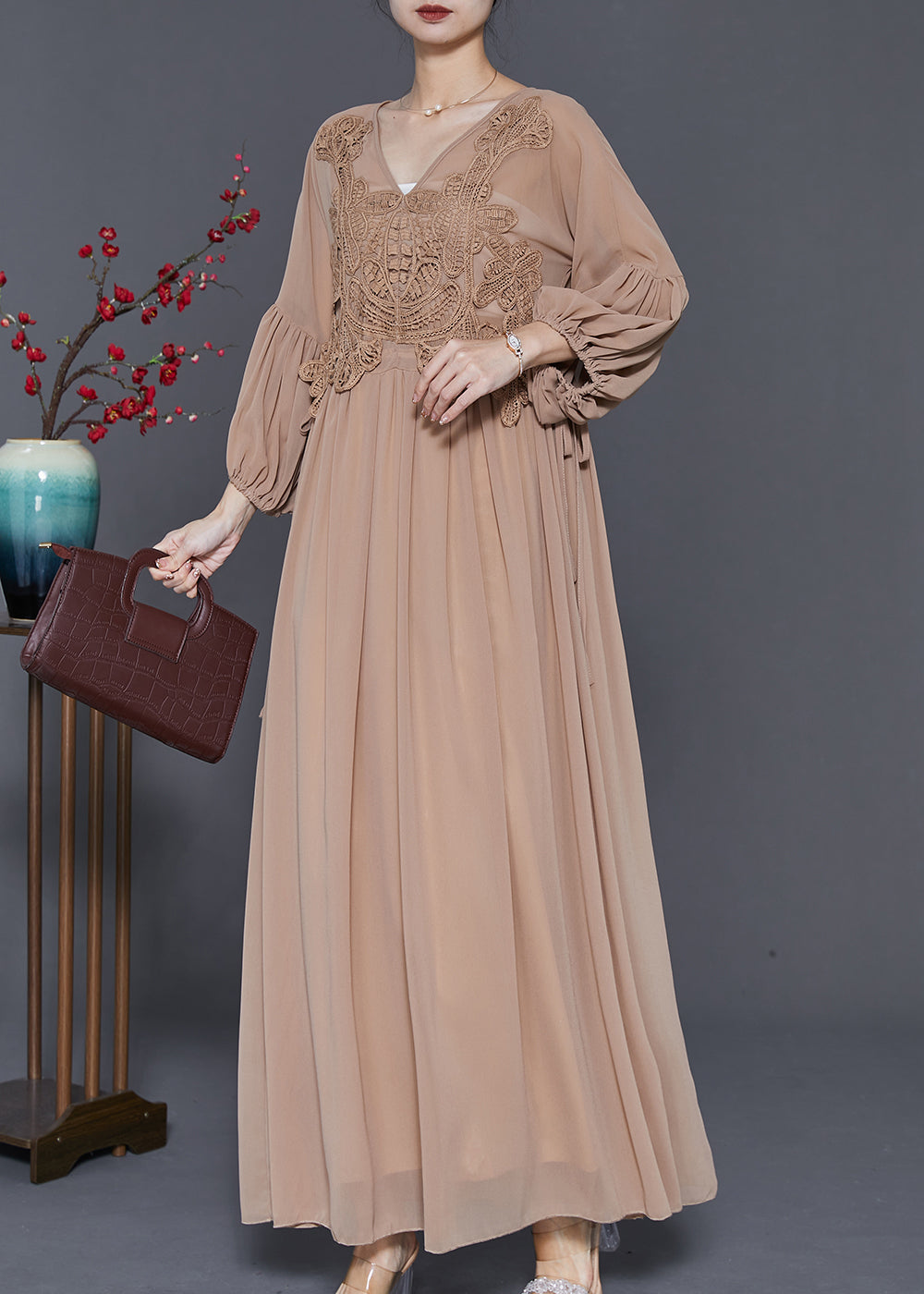 Lace Applique Bodice Drawstring Waist Balloon Sleeve Pleated Maxi Gown