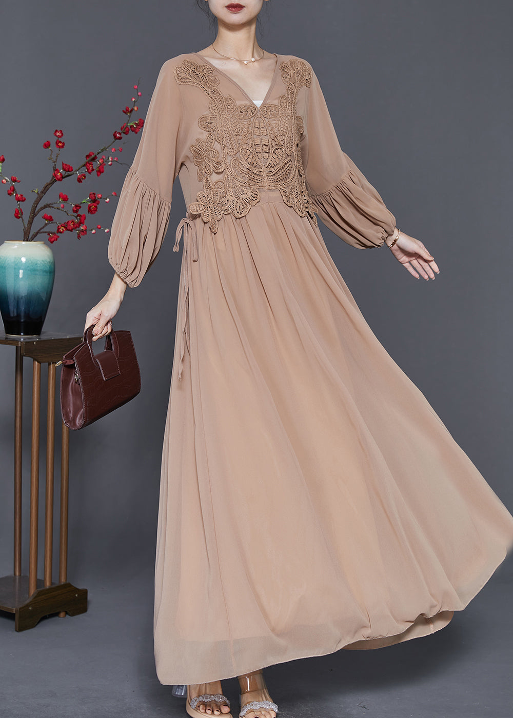 Lace Applique Bodice Drawstring Waist Balloon Sleeve Pleated Maxi Gown