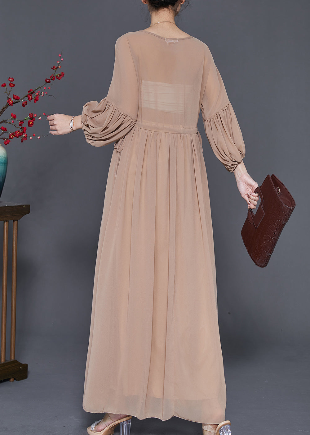 Lace Applique Bodice Drawstring Waist Balloon Sleeve Pleated Maxi Gown