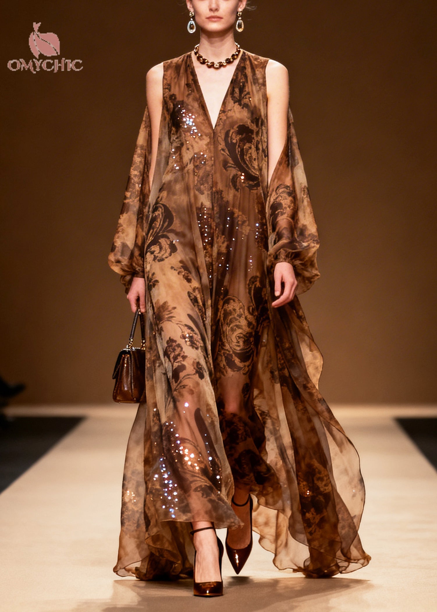 Sequin Paisley Floral Print Cold Shoulder Deep V-Neck Long Sleeve Chiffon Maxi Gown