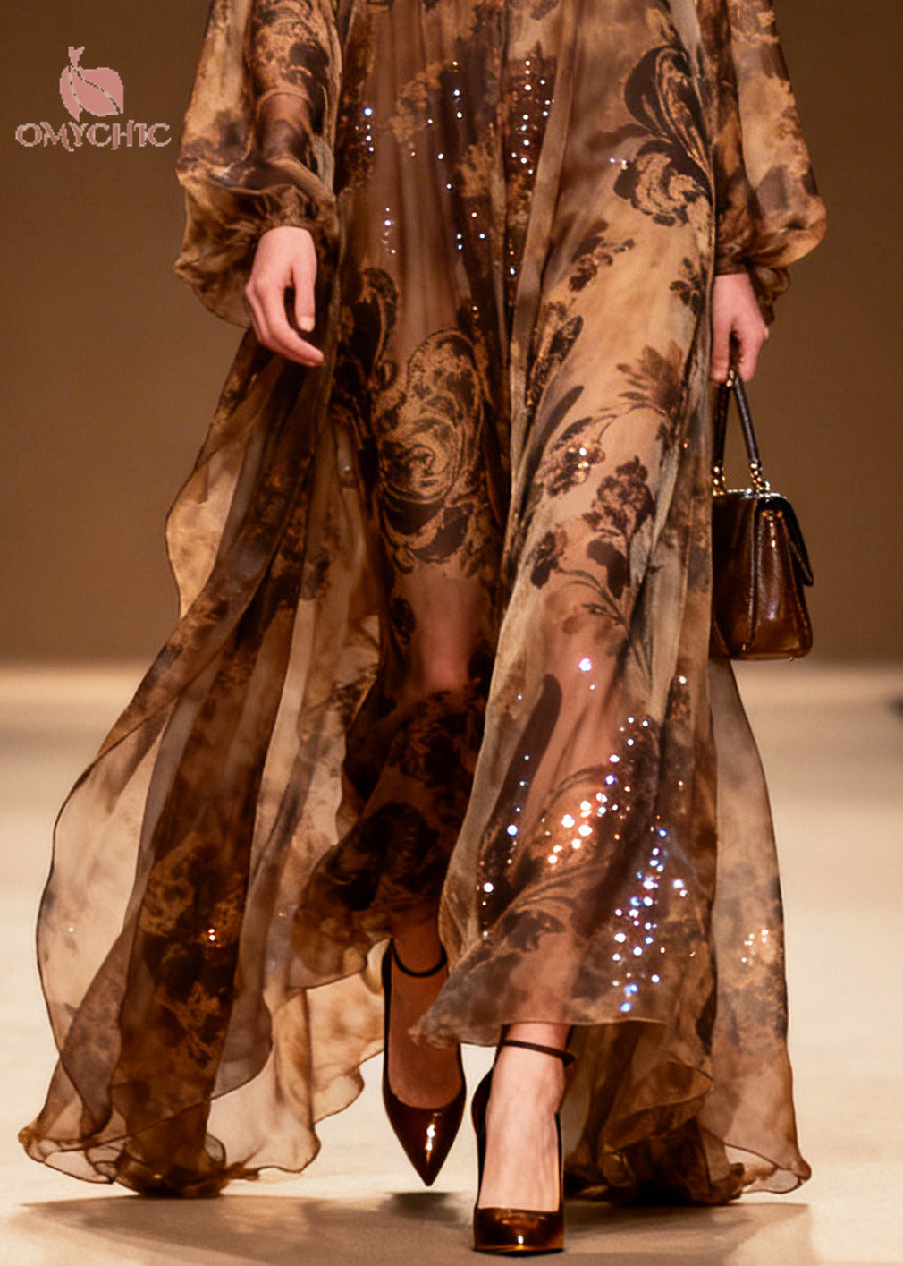 Sequin Paisley Floral Print Cold Shoulder Deep V-Neck Long Sleeve Chiffon Maxi Gown
