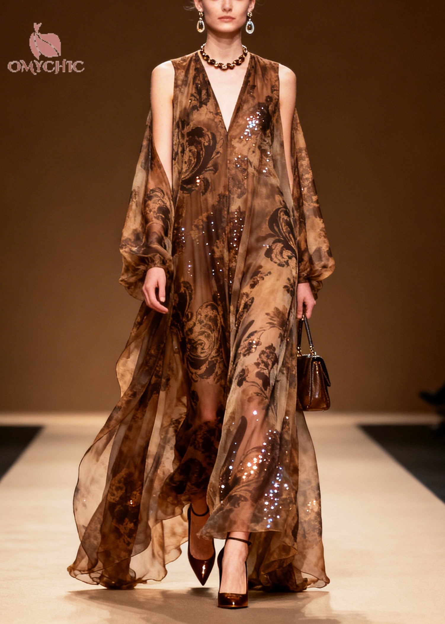 Sequin Paisley Floral Print Cold Shoulder Deep V-Neck Long Sleeve Chiffon Maxi Gown