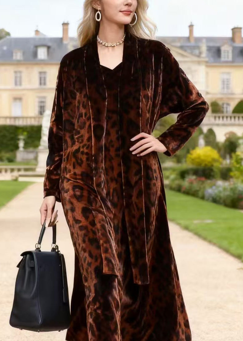 Leopard Print Velvet V-Neck Midi Dress Open Front Long Sleeve Robe Two-Piece Set