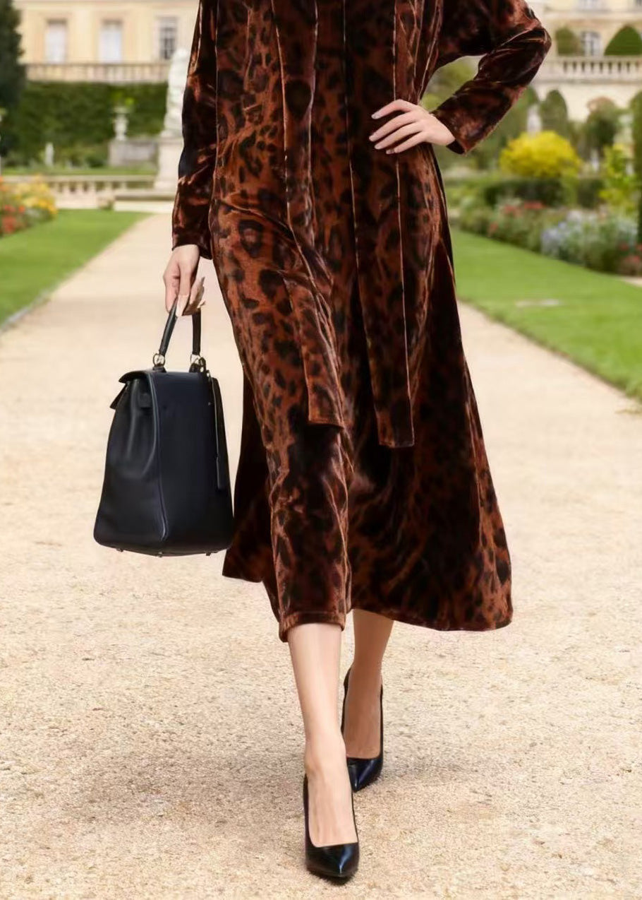 Leopard Print Velvet V-Neck Midi Dress Open Front Long Sleeve Robe Two-Piece Set