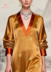 Women Coffee V Neck Patchwork Print Silk Maxi Dresses Long Sleeve 2