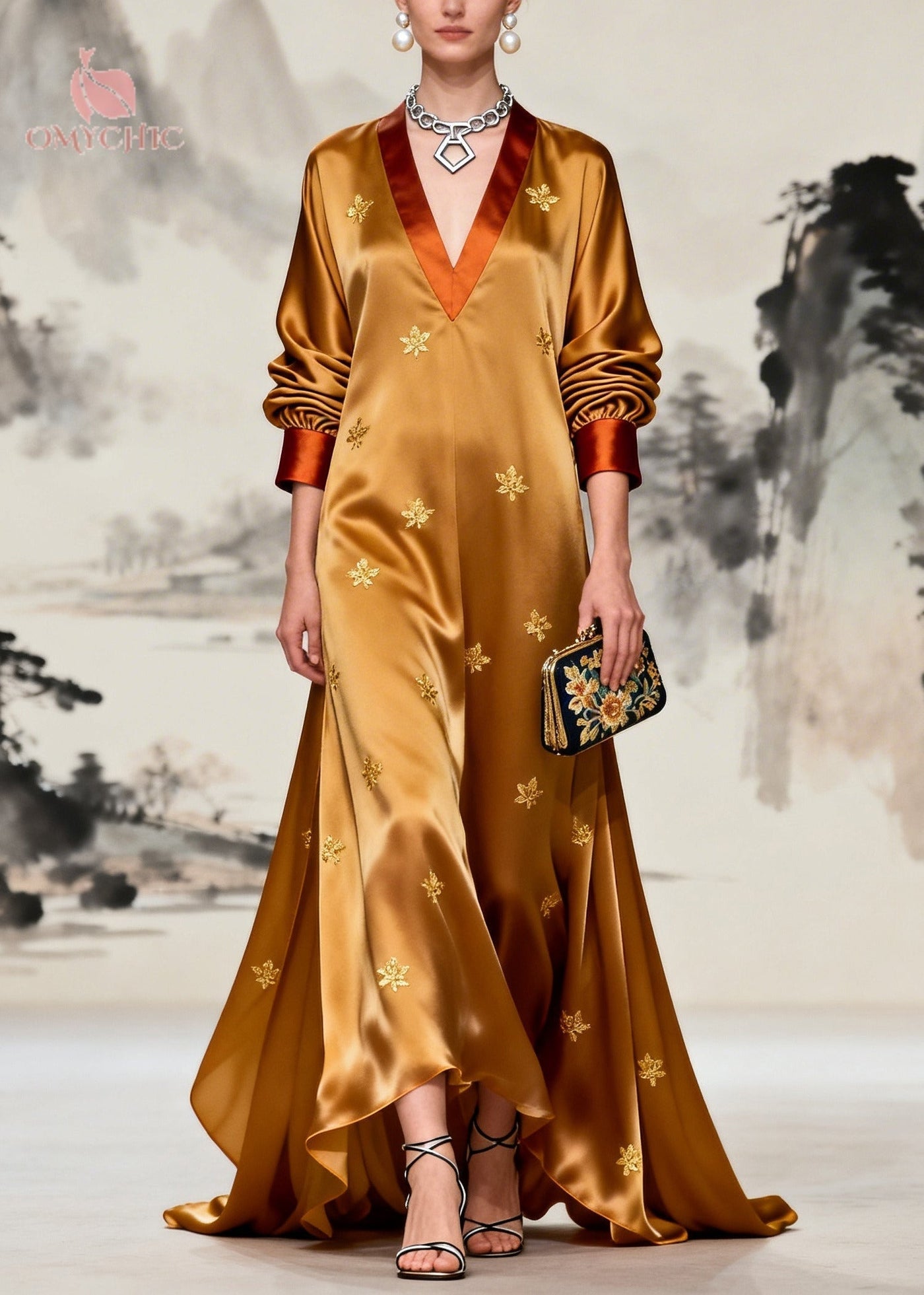 Women Coffee V Neck Patchwork Print Silk Maxi Dresses Long Sleeve 3