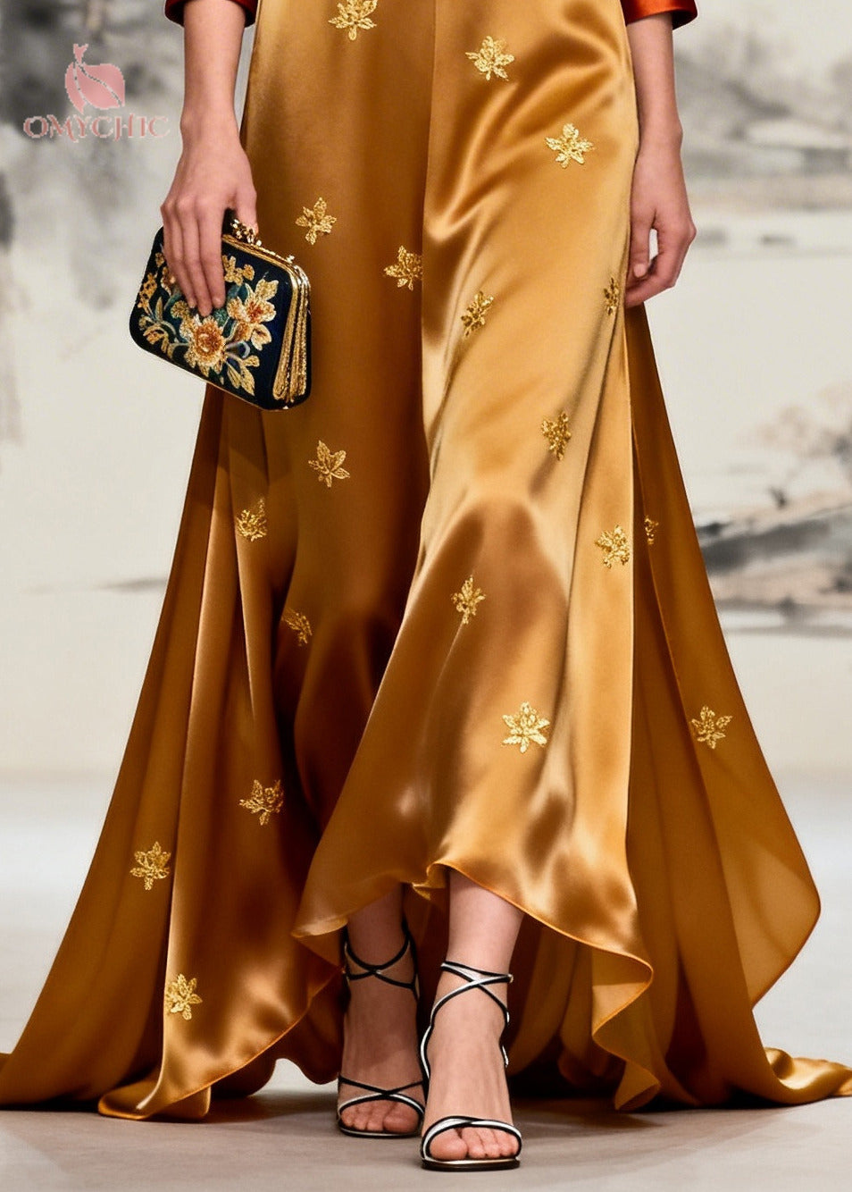 Women Coffee V Neck Patchwork Print Silk Maxi Dresses Long Sleeve 4
