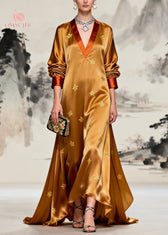 Women Coffee V Neck Patchwork Print Silk Maxi Dresses Long Sleeve 5